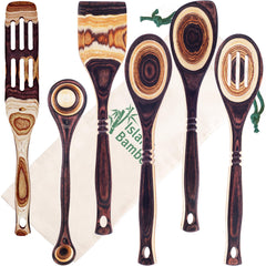 Island Bamboo Pakkawood 6-Piece Utensil Set - Elegant Kitchen Spoon Slotted Spoon Corner Spoon Spatula 13” 9" Double Measuring Spoon Spurtle - Heat Resistant & Non-Stick Utensils