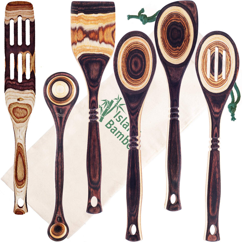 Island Bamboo Pakkawood 6-Piece Utensil Set - Elegant Kitchen Spoon Slotted Spoon Corner Spoon Spatula 13” 9